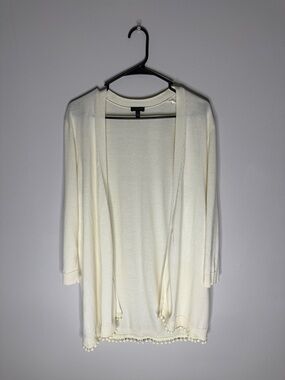 Talbots Cream Open-Front Cardigan with Pom-Pom Trim Size Large